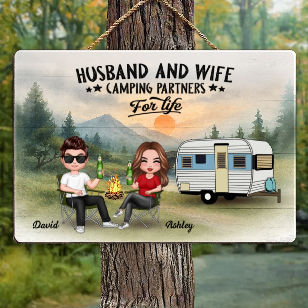 Doll Camping Couple Mountain Personalized Wood Sign