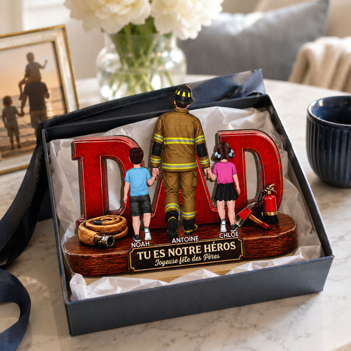 Papa pompier fier - Plaque en bois personnalise  2 couches - Cadeau de fte des Pres pour papa, mari