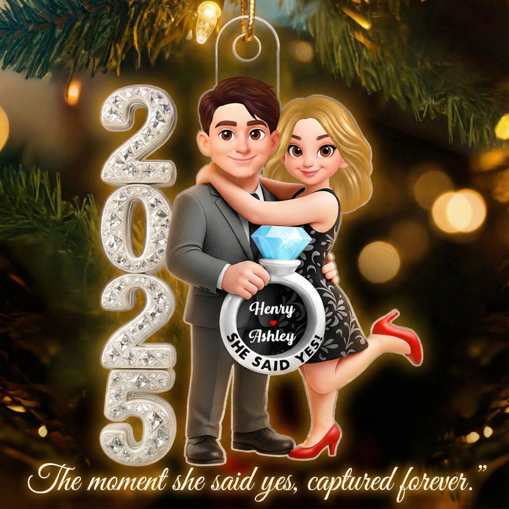 3D Crystal Effect Marriage Proposal Couple - Personalized Acrylic Ornament - Newly Engaged Gift, ""She Said Yes!"" Ornament
