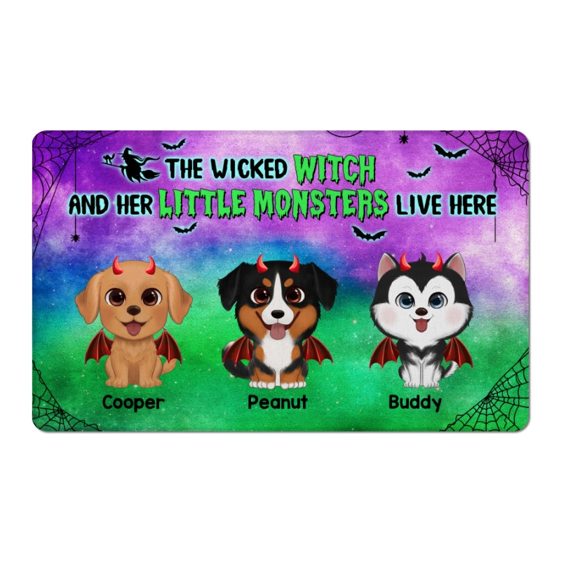 Halloween Green And Purple Wicked Witch & Little Monster Watercolor Cute Dogs Personalized Doormat