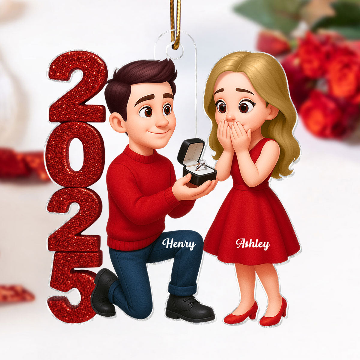 3D Glitter Effect 2025 Marriage Proposal Couple - Personalized Acrylic Ornament - Newly Engaged Gift, ""She Said Yes!"" Ornament