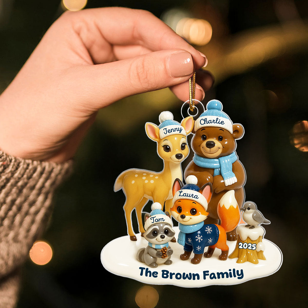 3D Effect Woodland Family Personalized Acrylic Ornament, Christmas Decor