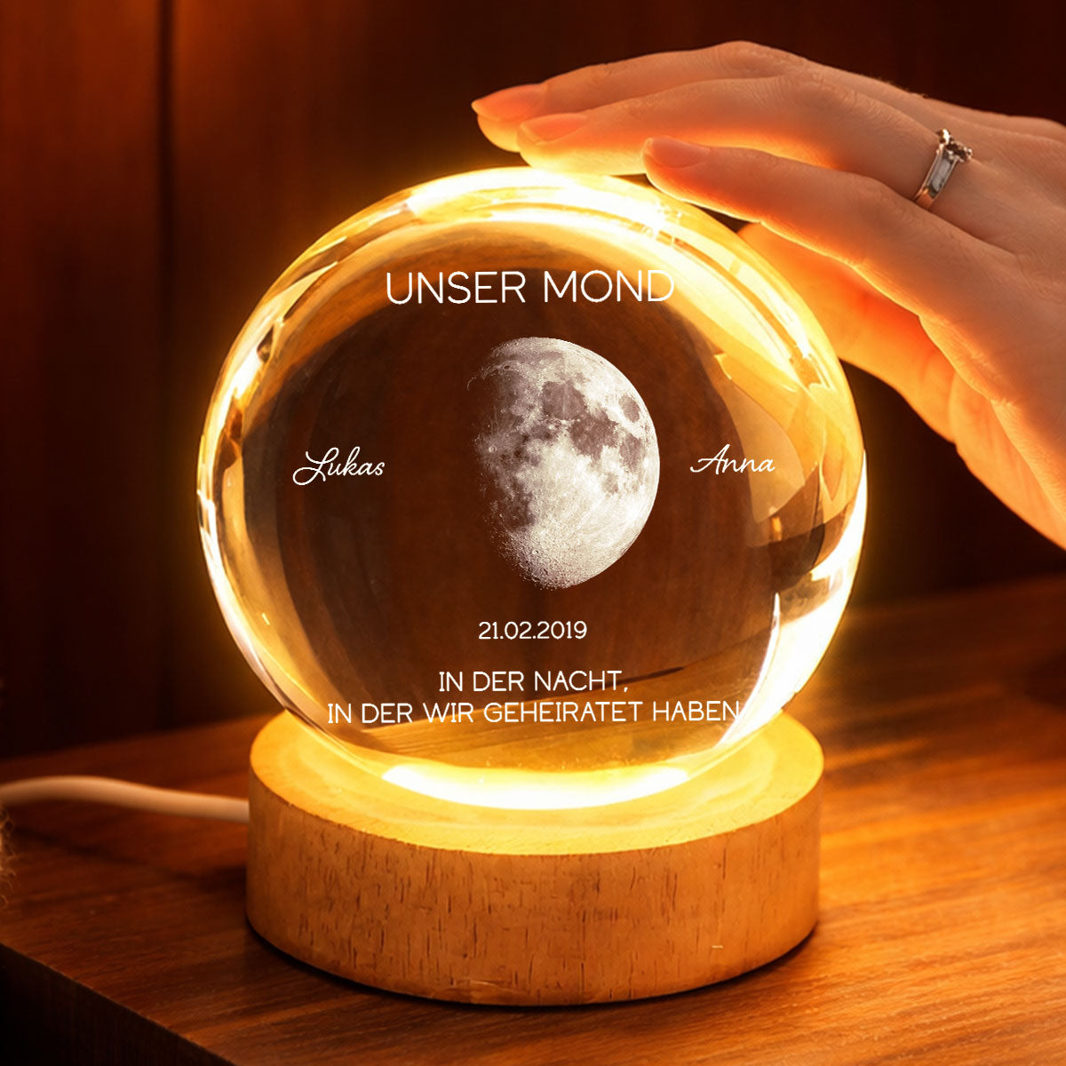 Unser Mond zum Wunschdatum – Personalisierte Mondphase – Kristallkugel Nachtlicht – Jahrestagsgeschenk fr Sie & Ihn