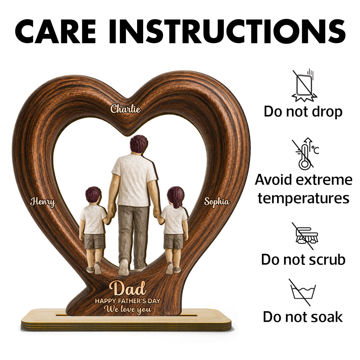 Sentimental Rustic Dad And Kids Walking In Heart 2D Flat - Personalized 2-Layered Wooden Plaque -  Gift For Dad, Husband