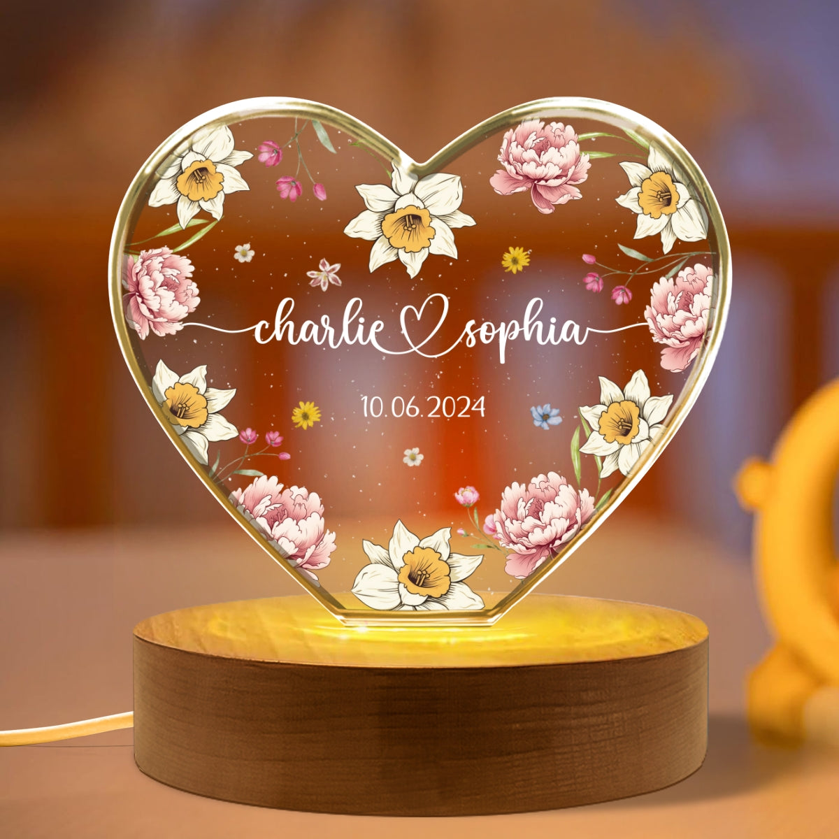 Couple Name Birth Month Flower Premium Crystal Heart LED, Unique Personalized Gift For Couple, For Him, For Her, Perfect Last-minute Valentine's Gift, Free Delivery