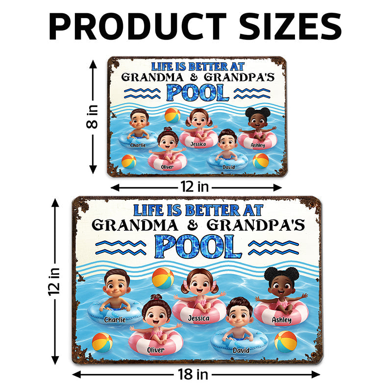 Life is Better at Grandma & Grandpa Pool Personalized Metal Sign, Grandchildren Welcome Sign