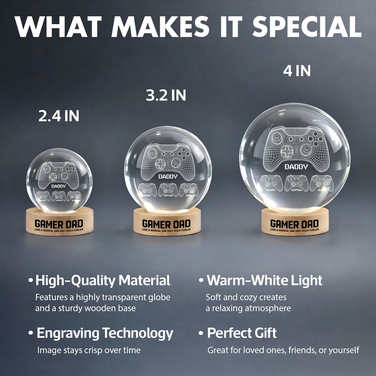 Gamer Dad Like A Normal Dad But Cooler - Personalized Crystal Ball LED Night Light -  Gift For Dad
