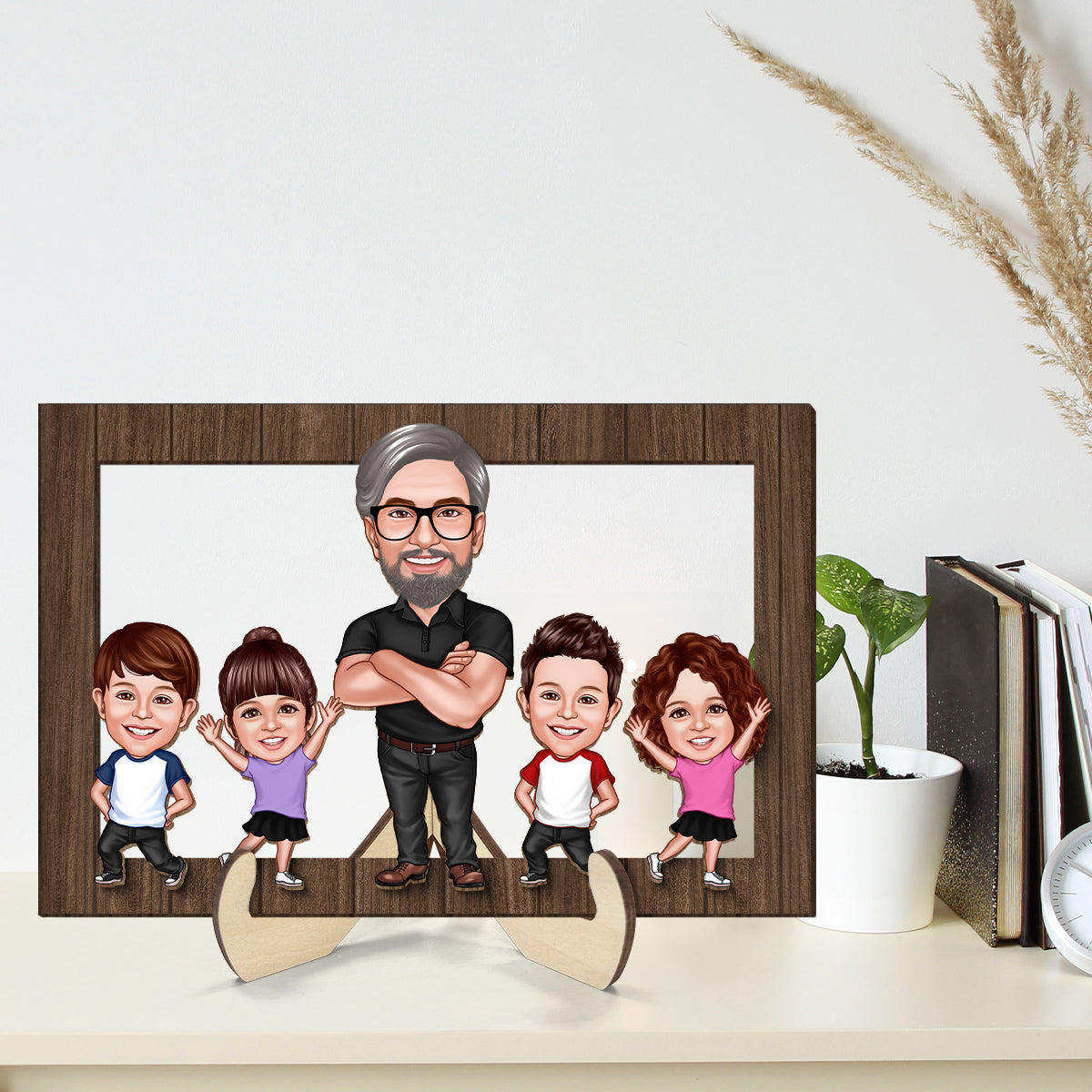 Dad Grandpa Kids Caricature Frame Personalized 2-Layer Wooden Plaque,  Gift For Dad, For Husband, For Him