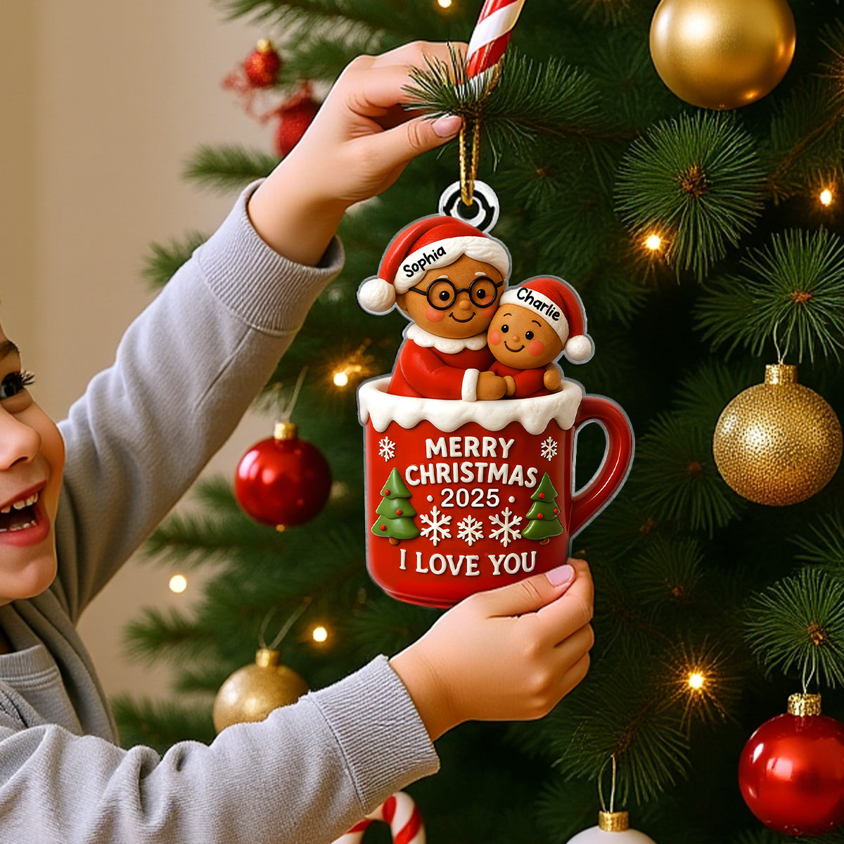 Christmas Gingerbread Grandma Hugging Grandkid In Hot Cocoa Personalized Acrylic Ornament