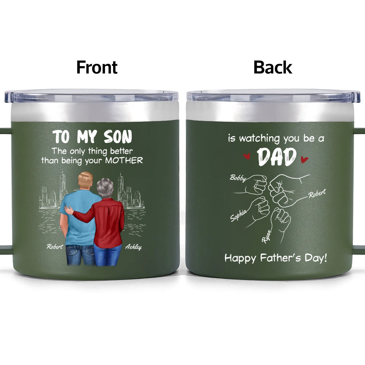 From Mom Dad To Son Watching You Be A Dad Personalized Stainless Steel Tumbler With Handle, Gift For Son