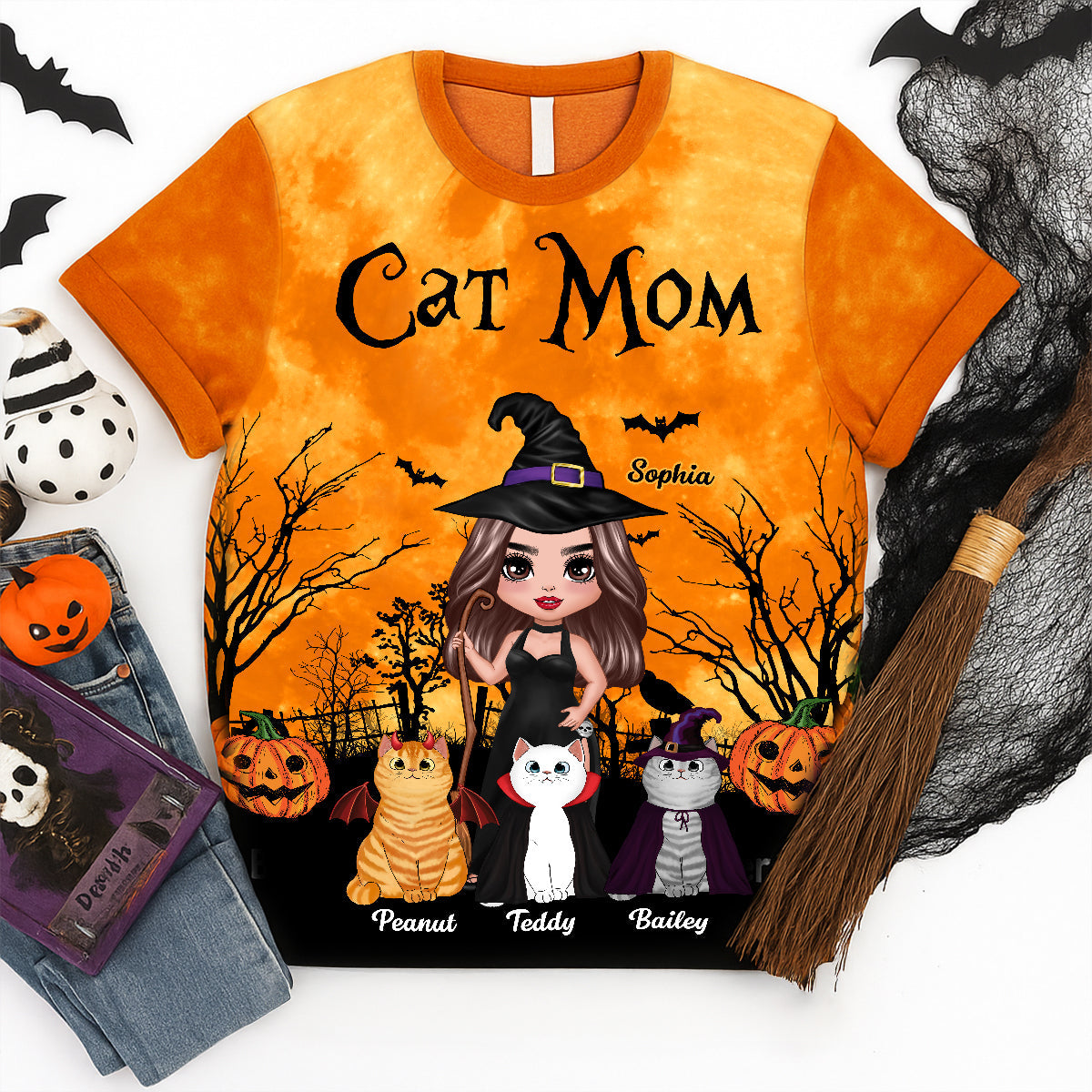 Witch Cat Mom Halloween Moon Light Bat Tree Personalized Shirt, Purrfect Costume for Cat Lover