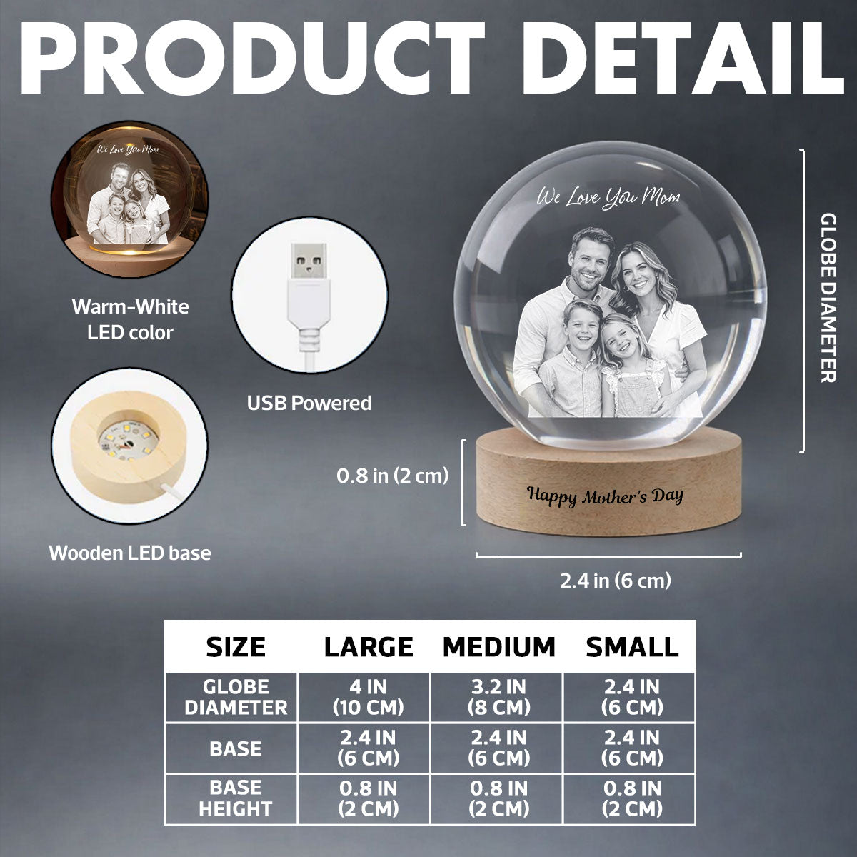 Mother's Day Photo - Personalized Crystal Ball LED Night Light - Sentimental Gift for Mom, Wife