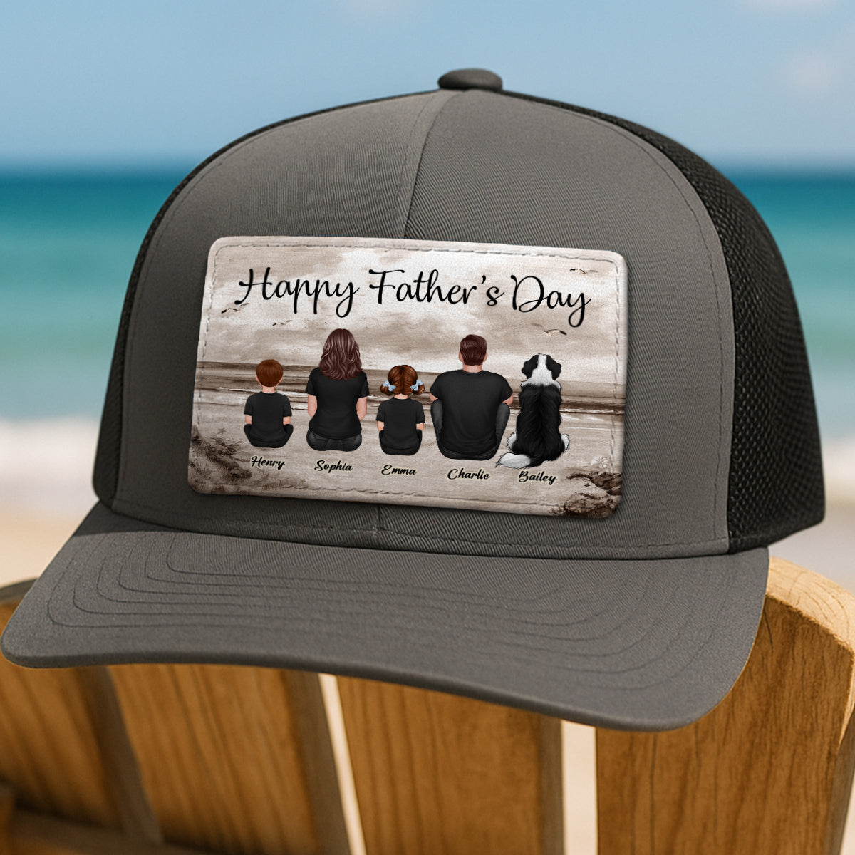 Family Sitting Retro Vintage Beach Landscape Personalized Leather Patch Hat, Gift For Dad