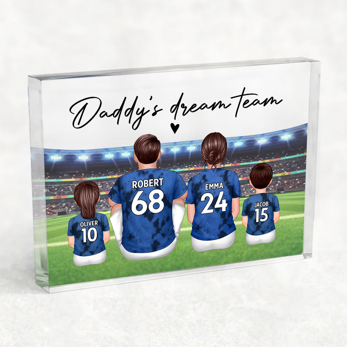 Daddy's Team Soccer Family Sitting Back View Personalized Acrylic Block,  Gift