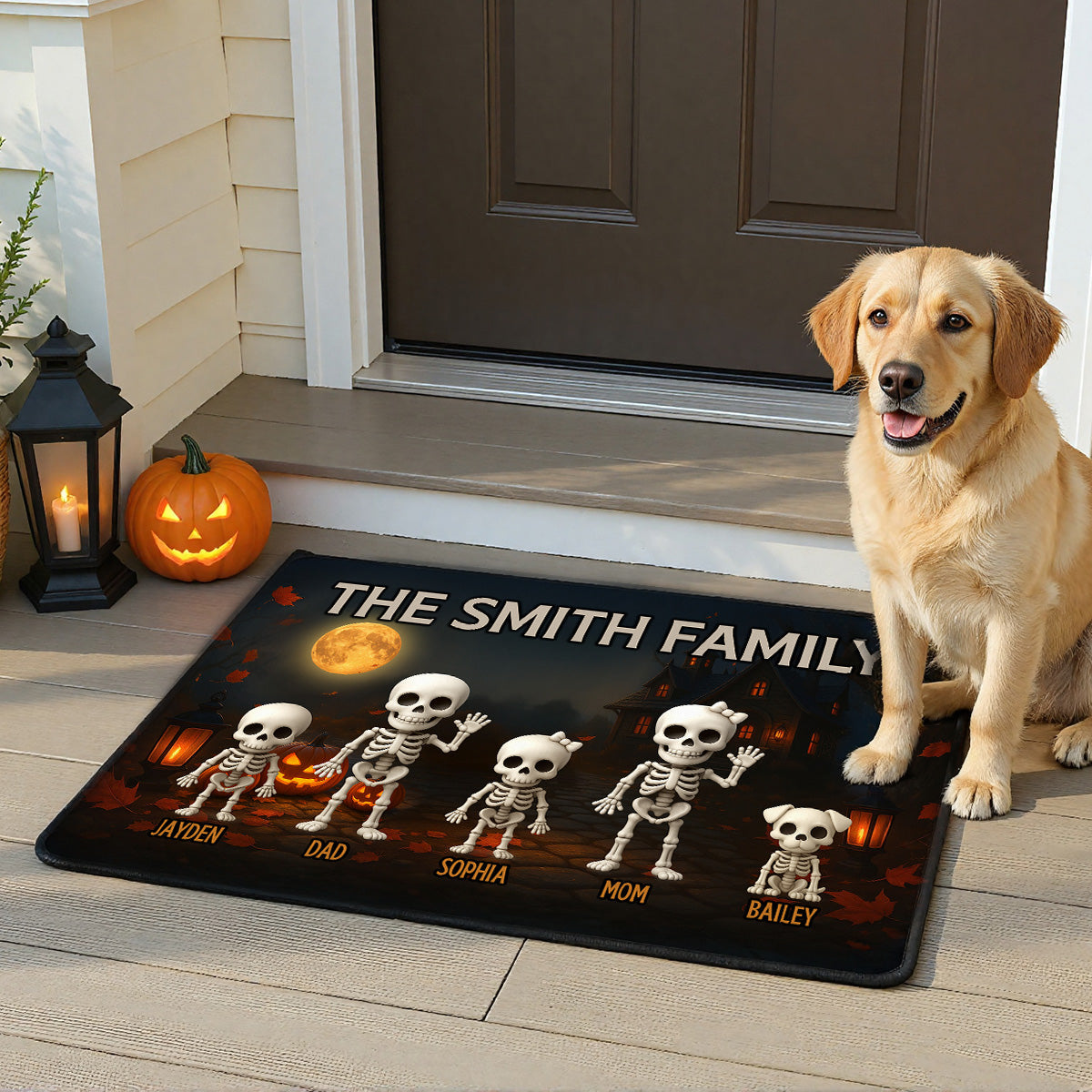 3D Effect Halloween Spooky Theme Funny Skeleton Family Personalized Doormat