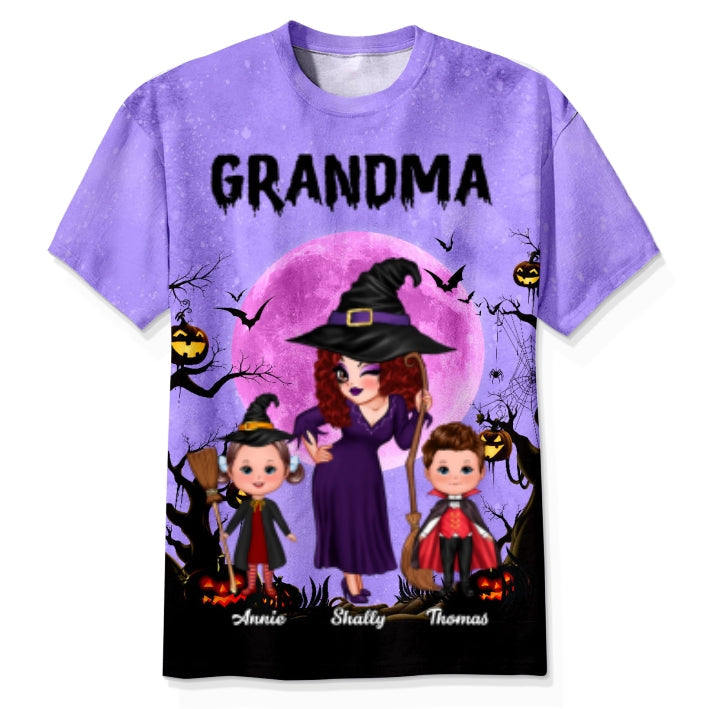 Pretty Grandma Witch & Kids Moon Bat Tree - Personalized 3D Shirt