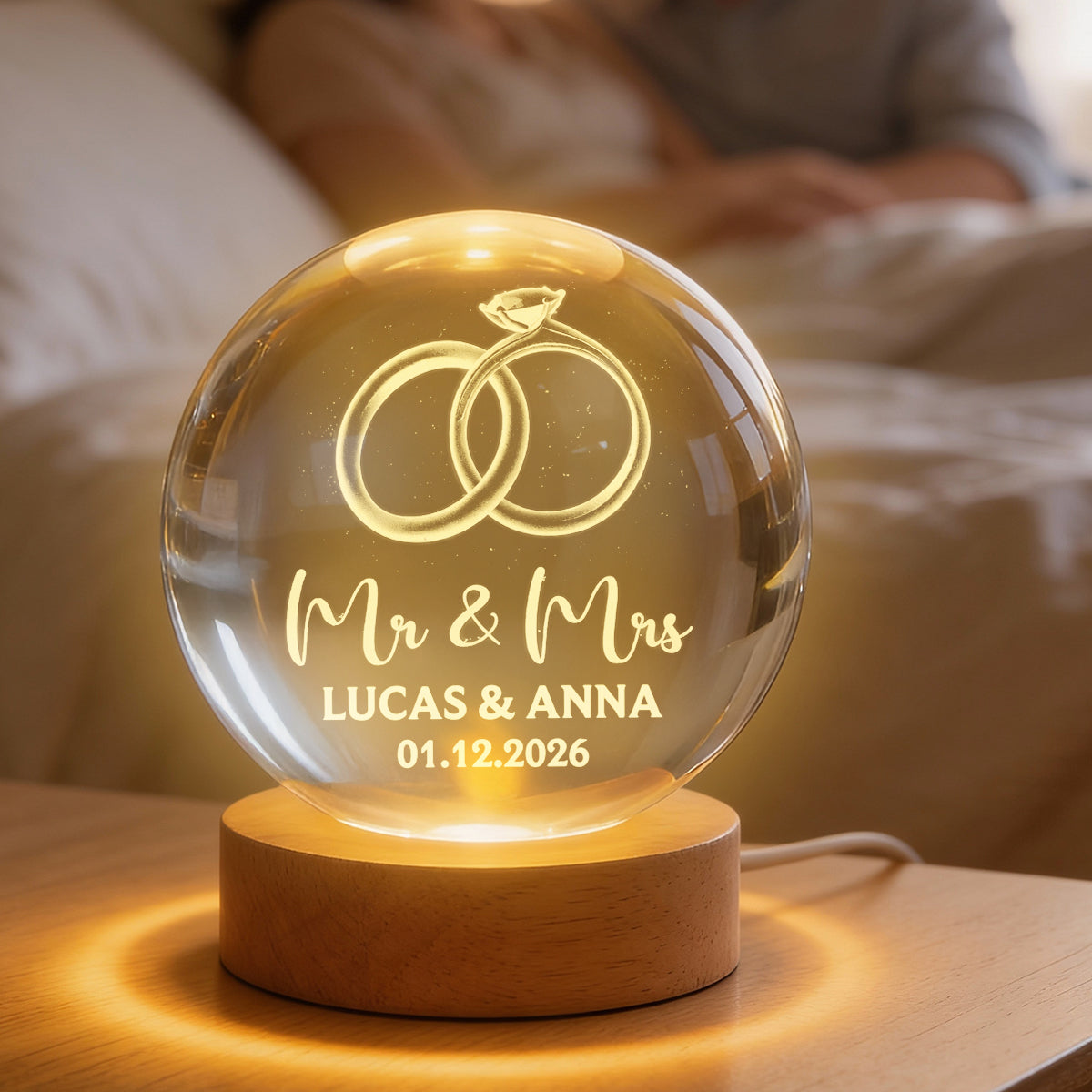 Couple Wedding Rings Interlocked - Personalized Crystal Ball LED Night Light - Heartfelt Valentine's Day Gift for Her, for Him, Wedding Anniversary Gift