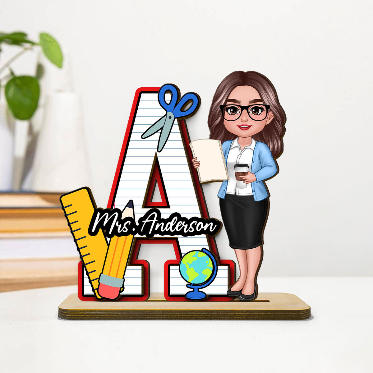 Teacher Initial Name Personalized 2-Layer Standing Wooden Plaque, Back to School gift