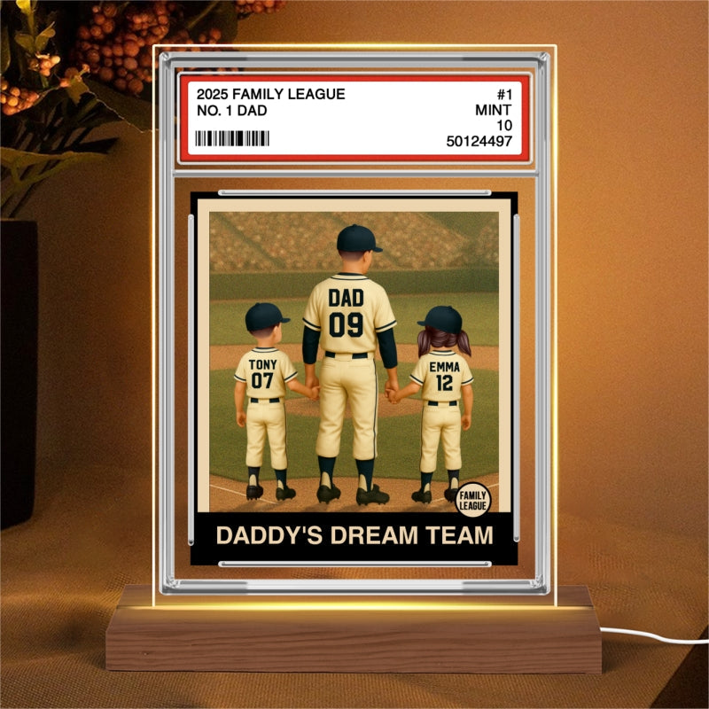 Baseball No. 1 Dad Man & Kids Trading Card Style Personalized Acrylic Plaque With LED Night Light