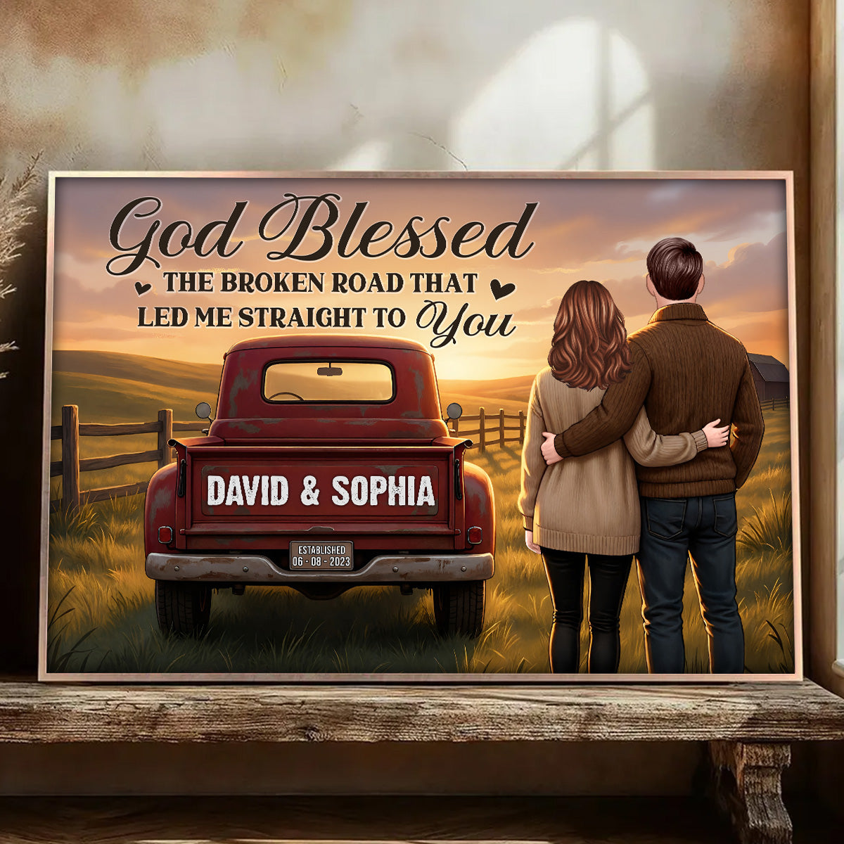 Rustic Nostalgia Red Pickup Truck Couple Together Farmhouse Decor - Personalized Poster - Heartfelt Valentine, Anniversary Gift For Him, For Her