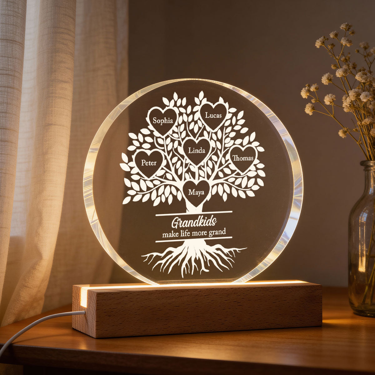 Grandkids Make Life More Grand - Personalized Acrylic Block LED Night Light - Heartfelt Gift for Grandma