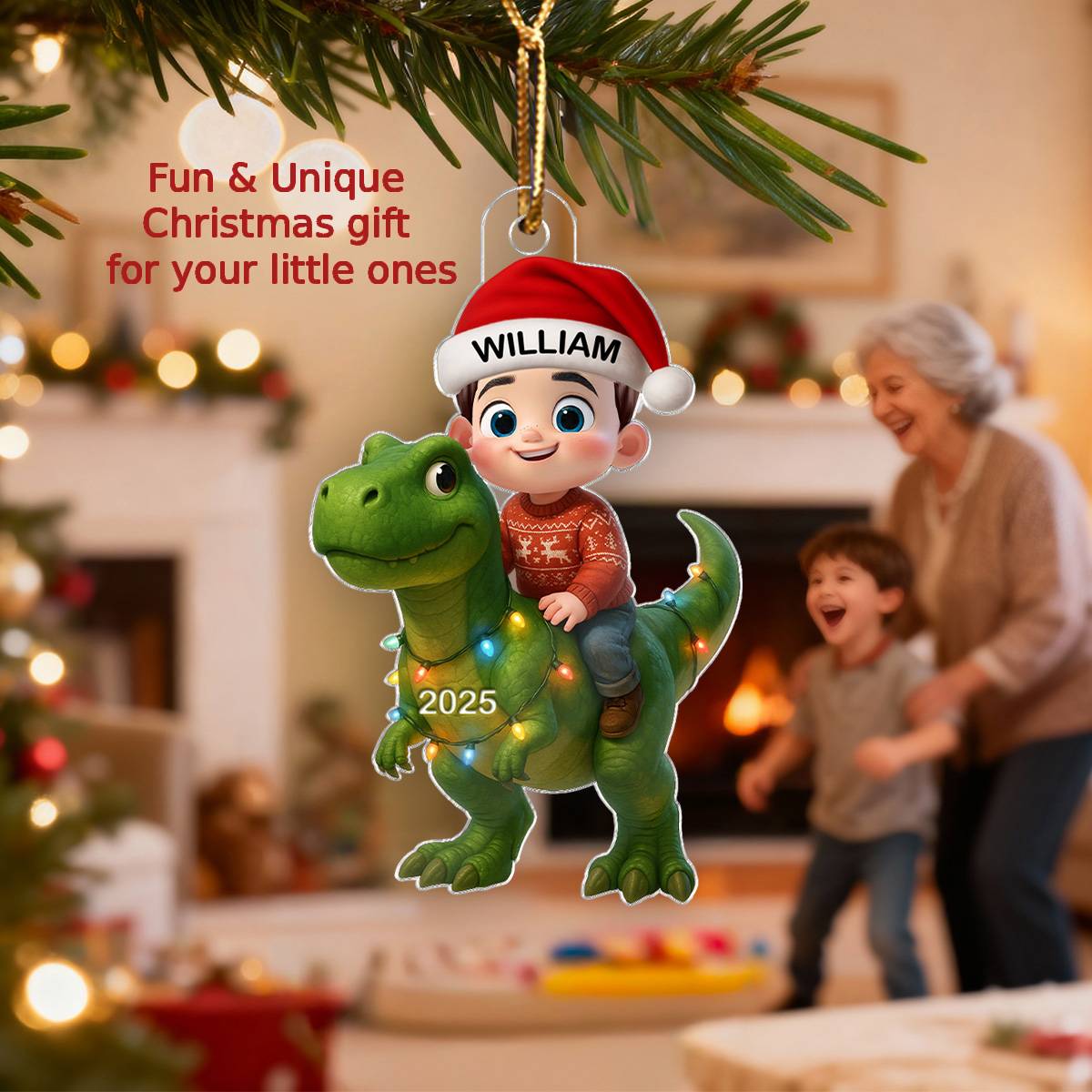 3D Effect Cute Cartoon Kid With Dinosaur Christmas - Personalized Acrylic Ornament - Unique Gift For Grandkids