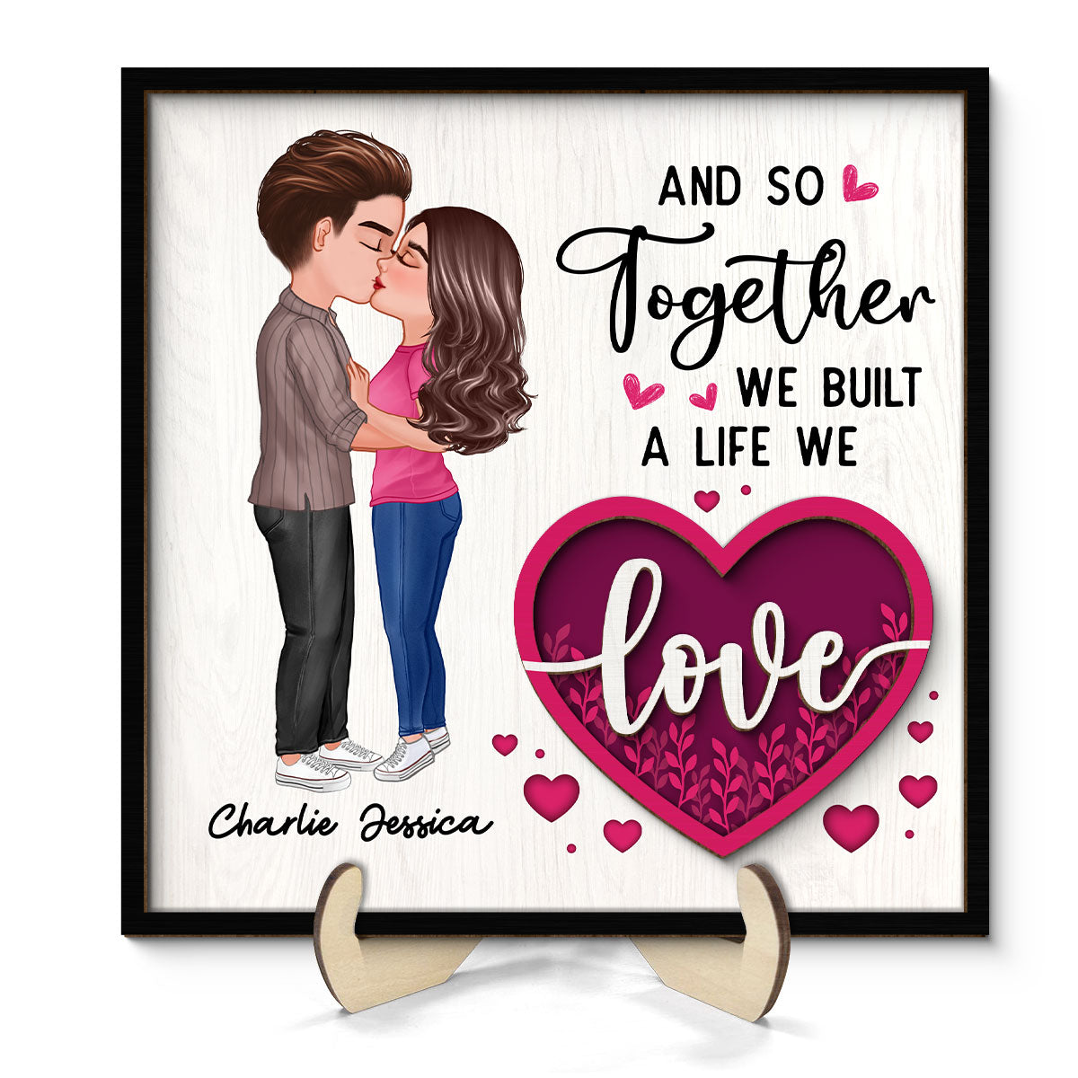 Couple Kissing Pink Heart Valentine‘s Day Gift For Him For Her Personalized 2-Layer Wooden Plaque