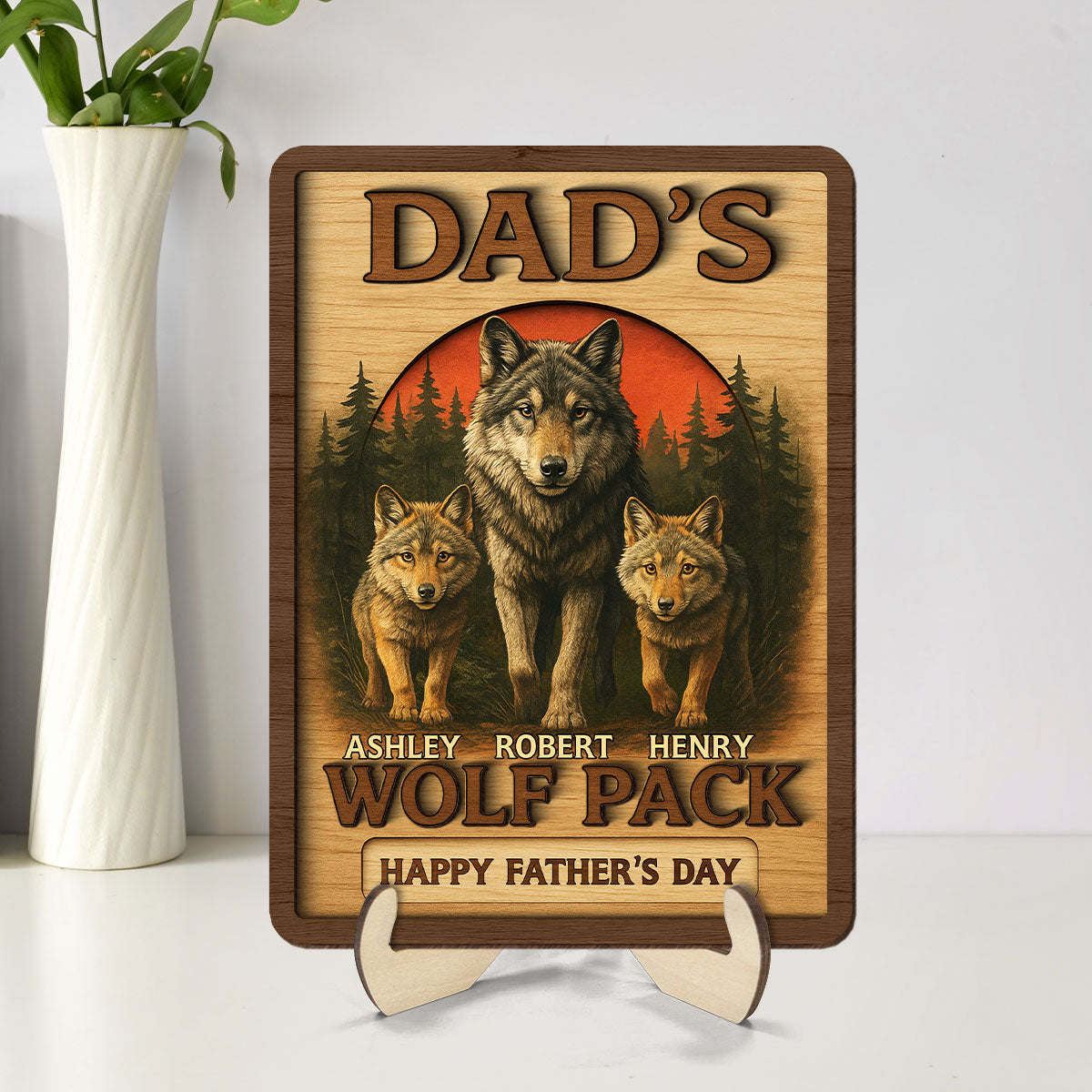 Dad's Wolf Pack Personalized 2-Layered Wooden Plaque,  Gift for Dad