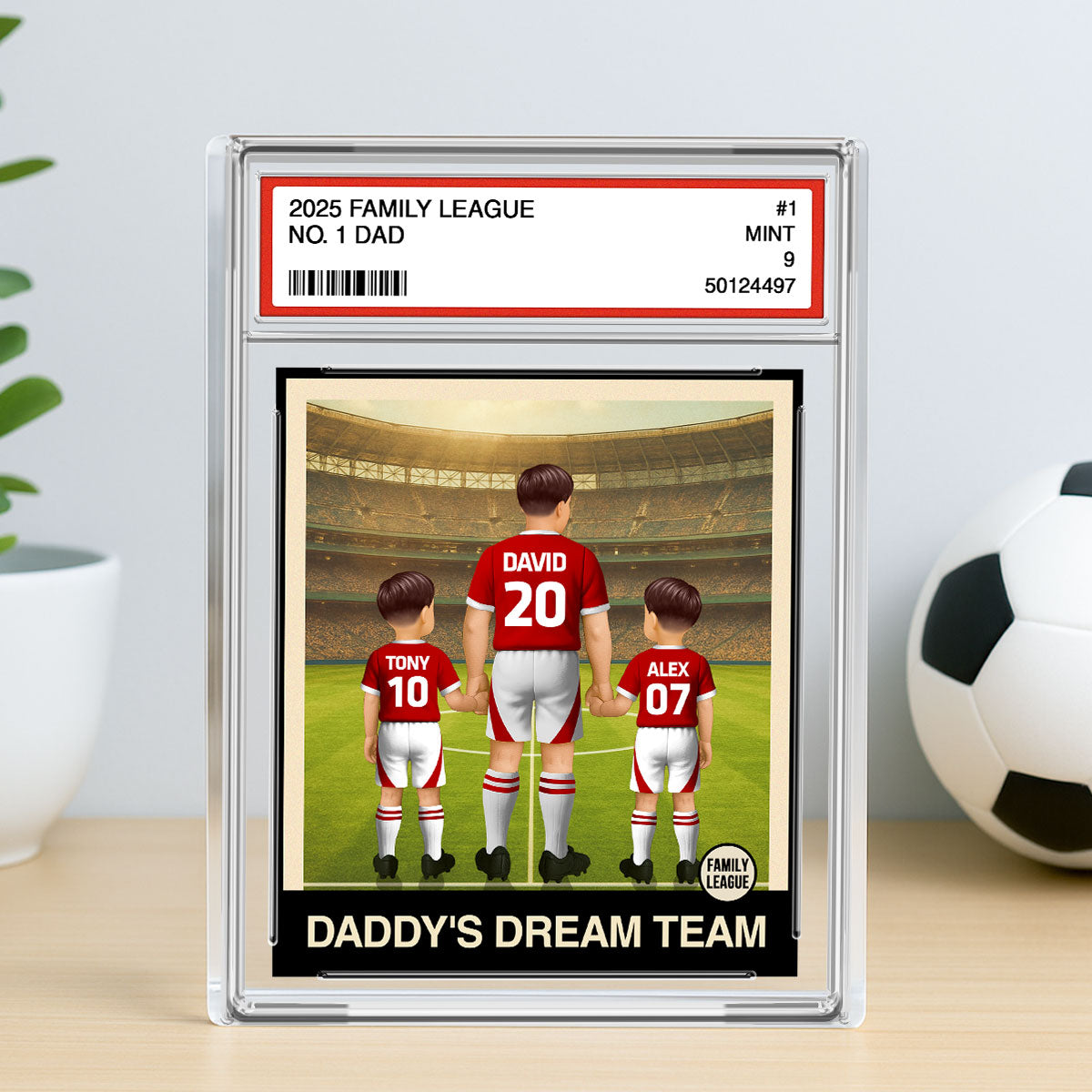 UK AU Football Daddy's Dream Team No. 1 Dad Man & Kids Trading Card Style Personalized Acrylic Block Plaque