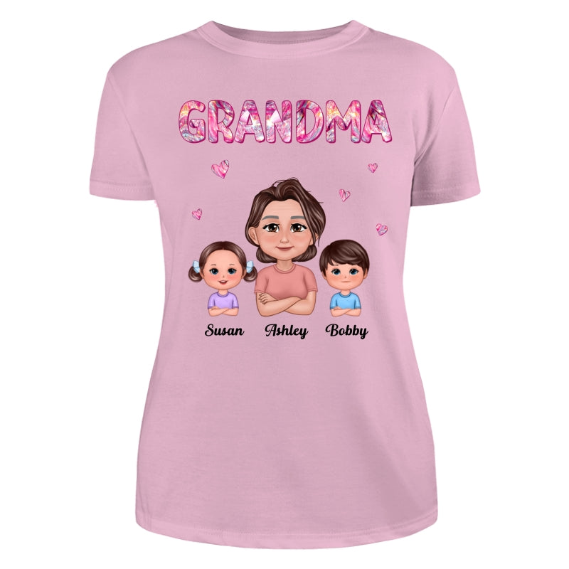 Pretty Doll Grandma Grandkids Marble Pattern Personalized Shirt