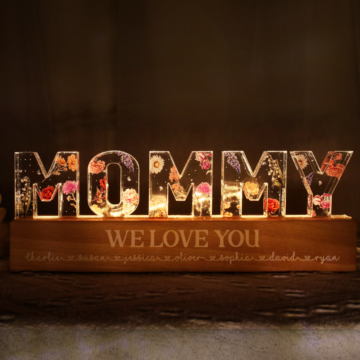 Custom Flower Printed LED Night Light, Birth Month Flower, Heartfelt Gift For Mom, Grandma