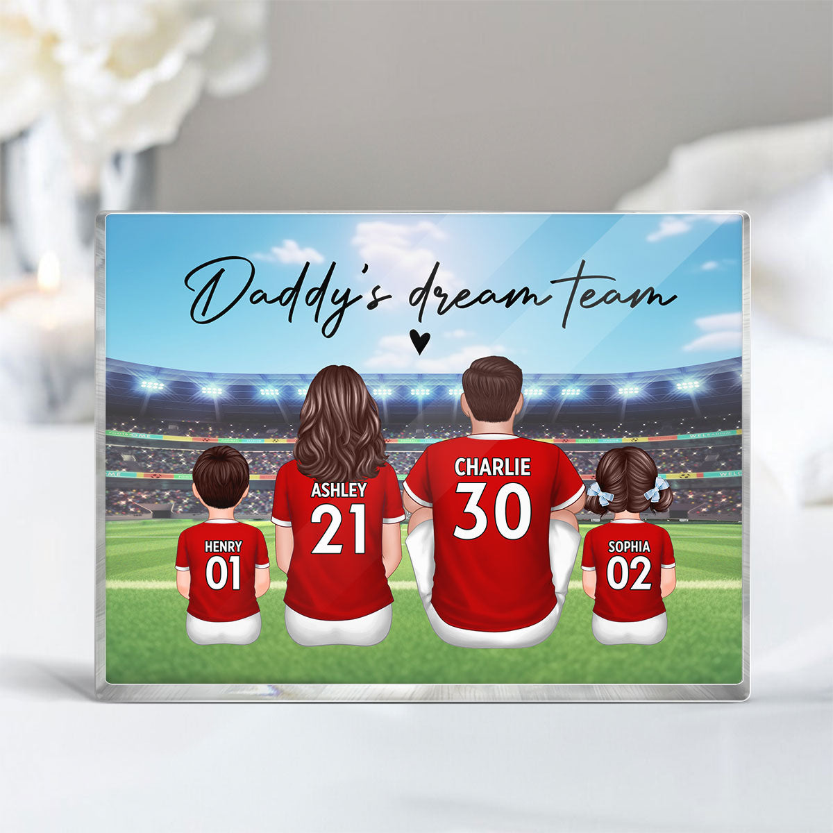 Daddy's Team Soccer Family Sitting Back View Personalized Acrylic Block,  Gift