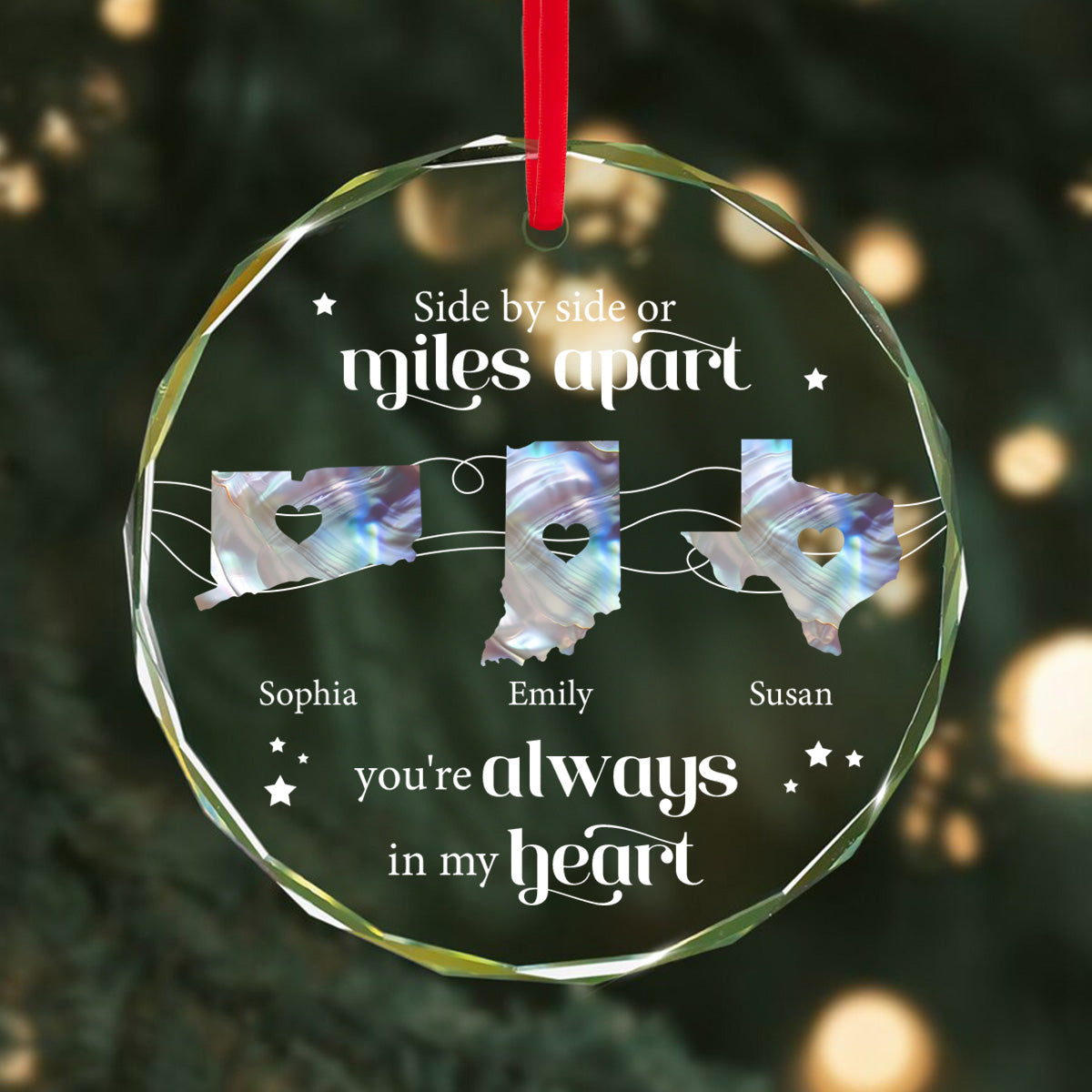 The Miles Don't Matter Long Distance Pearl Theme State Map - Personalized Glass Ornament - Relationship Gift For Besties, Family Members, Siblings