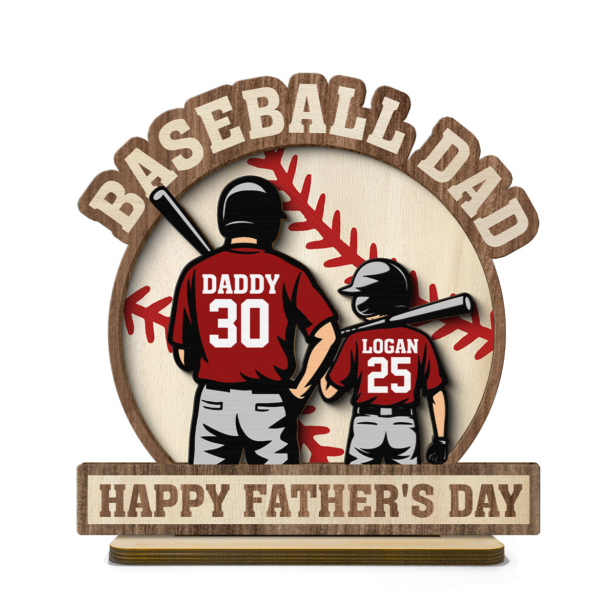 Baseball Family Back View Personalized 2-Layered Standing Wooden Plaque,  gift for Dad, for Husband