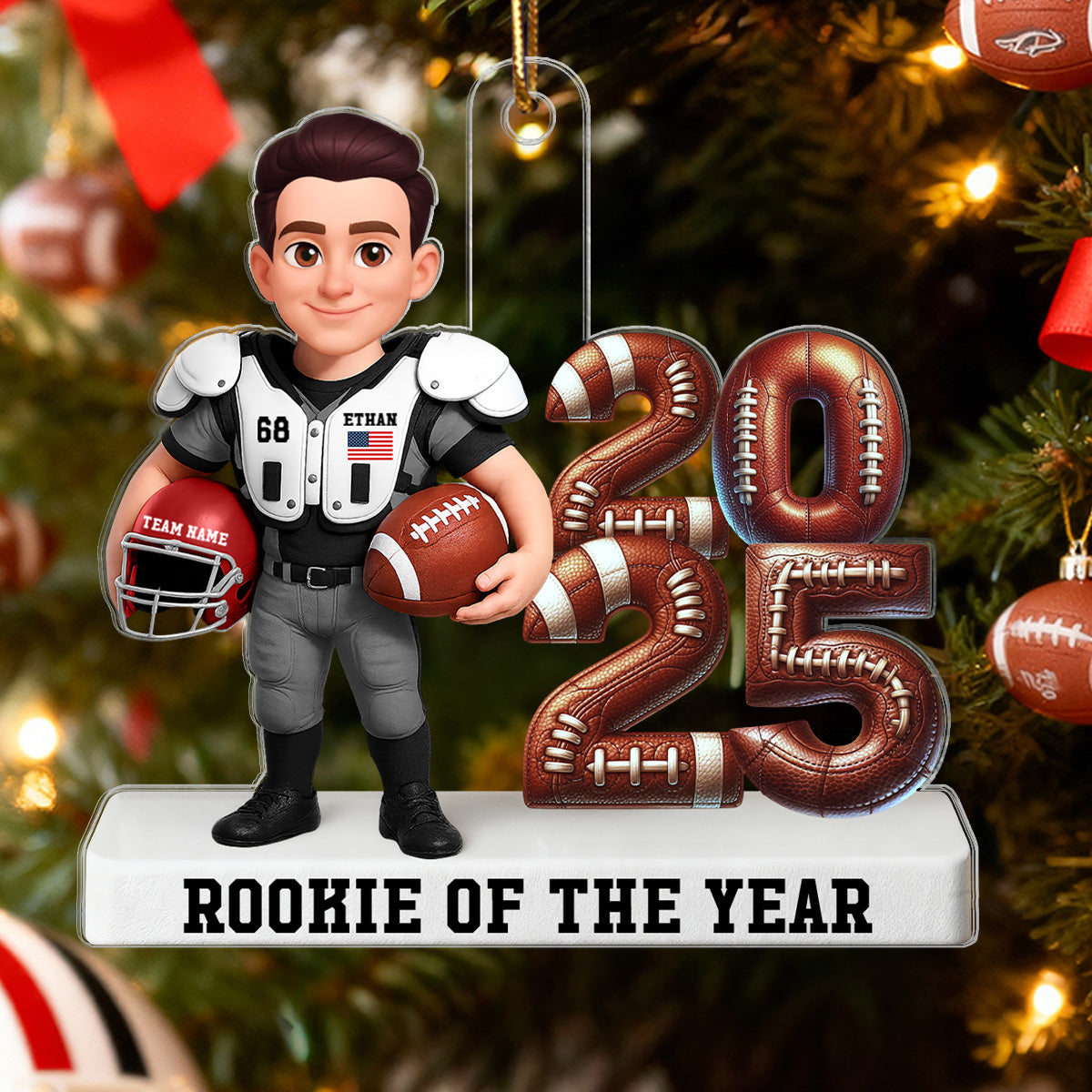 Proud American Football Player Standing By Year 3D Effect - Personalized Acrylic Ornament