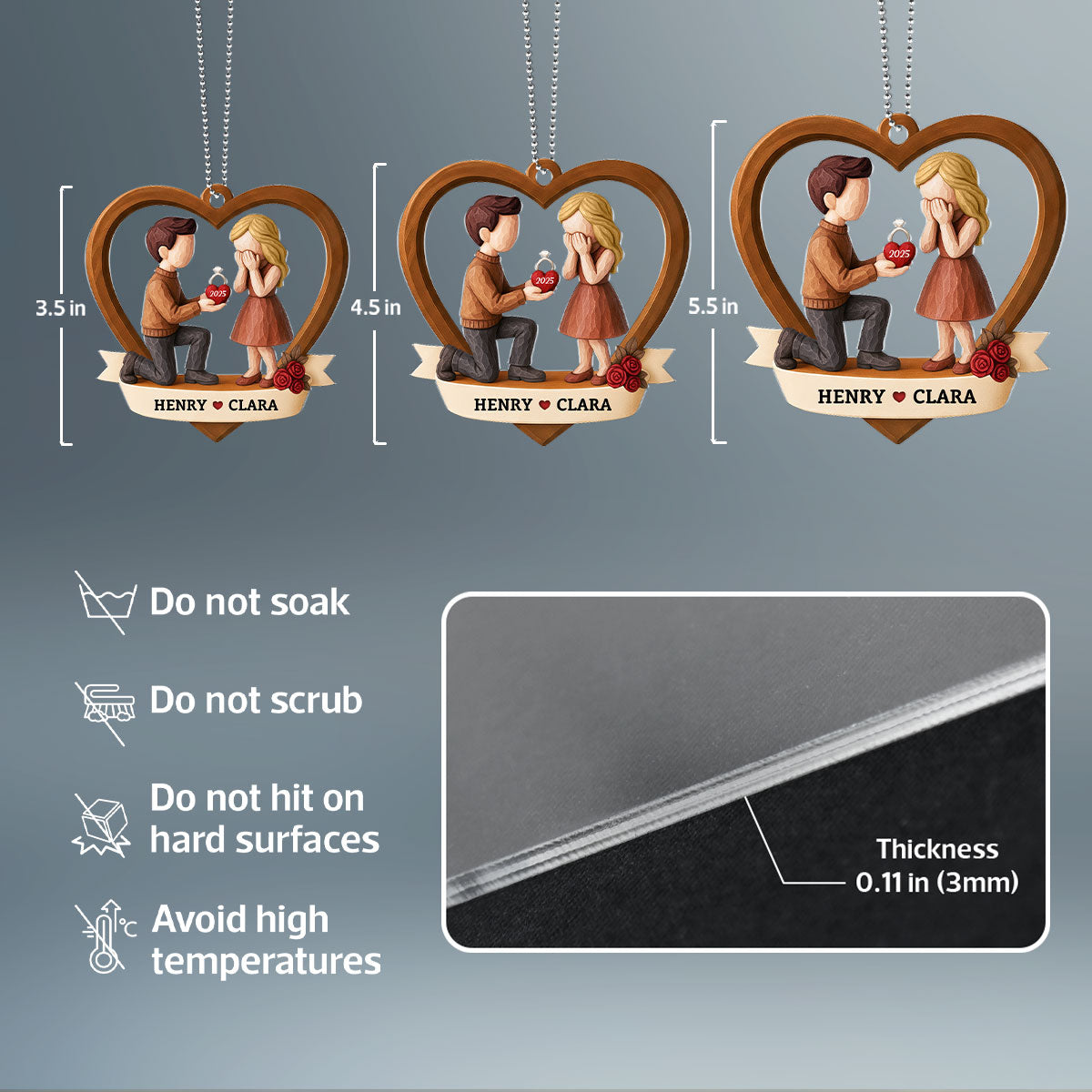 Couple Marriage Proposal 3D Wooden Effect - Personalized Acrylic Car Hanger - Newly Engaged Gift, ""She Said Yes!""