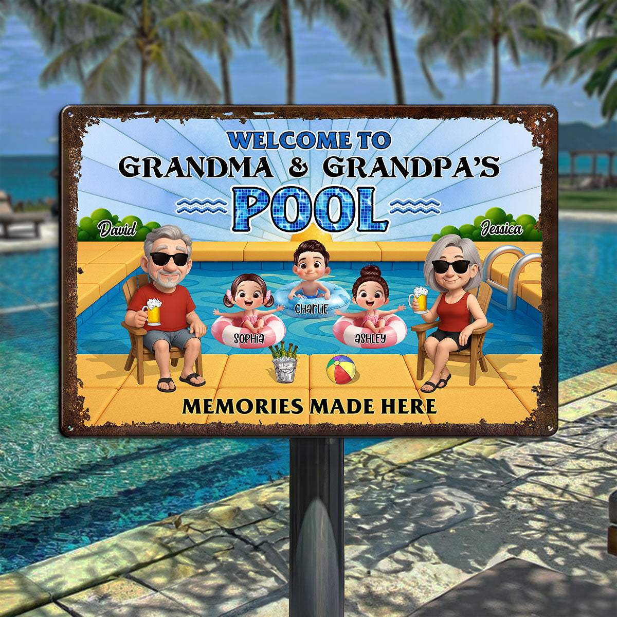 Grandparents Sitting with Grandkids Personalized Metal Sign, Grandparents Hosting Grandkids Summer Swimming Pool Sign