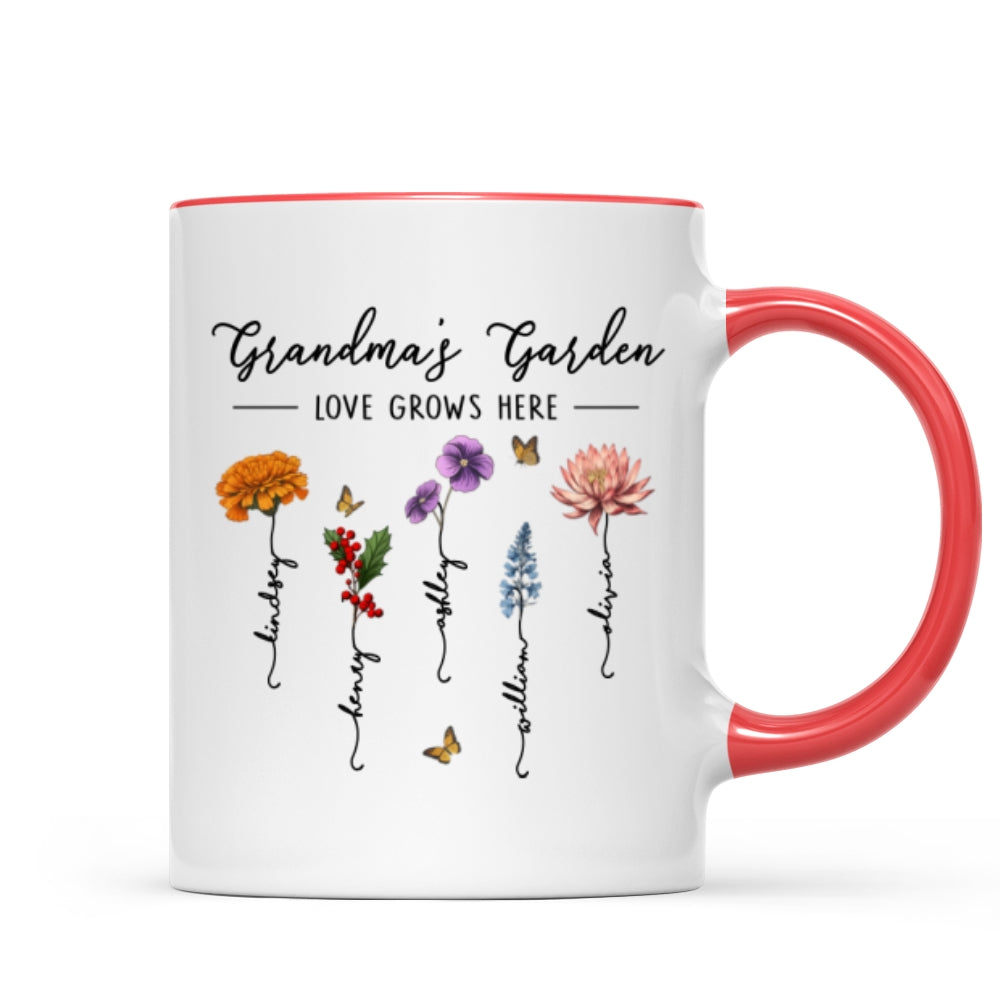 Grandma‘s Garden Love Grows Here Beautiful Birth Month Flower Gift For Grandma Mom Personalized Mug