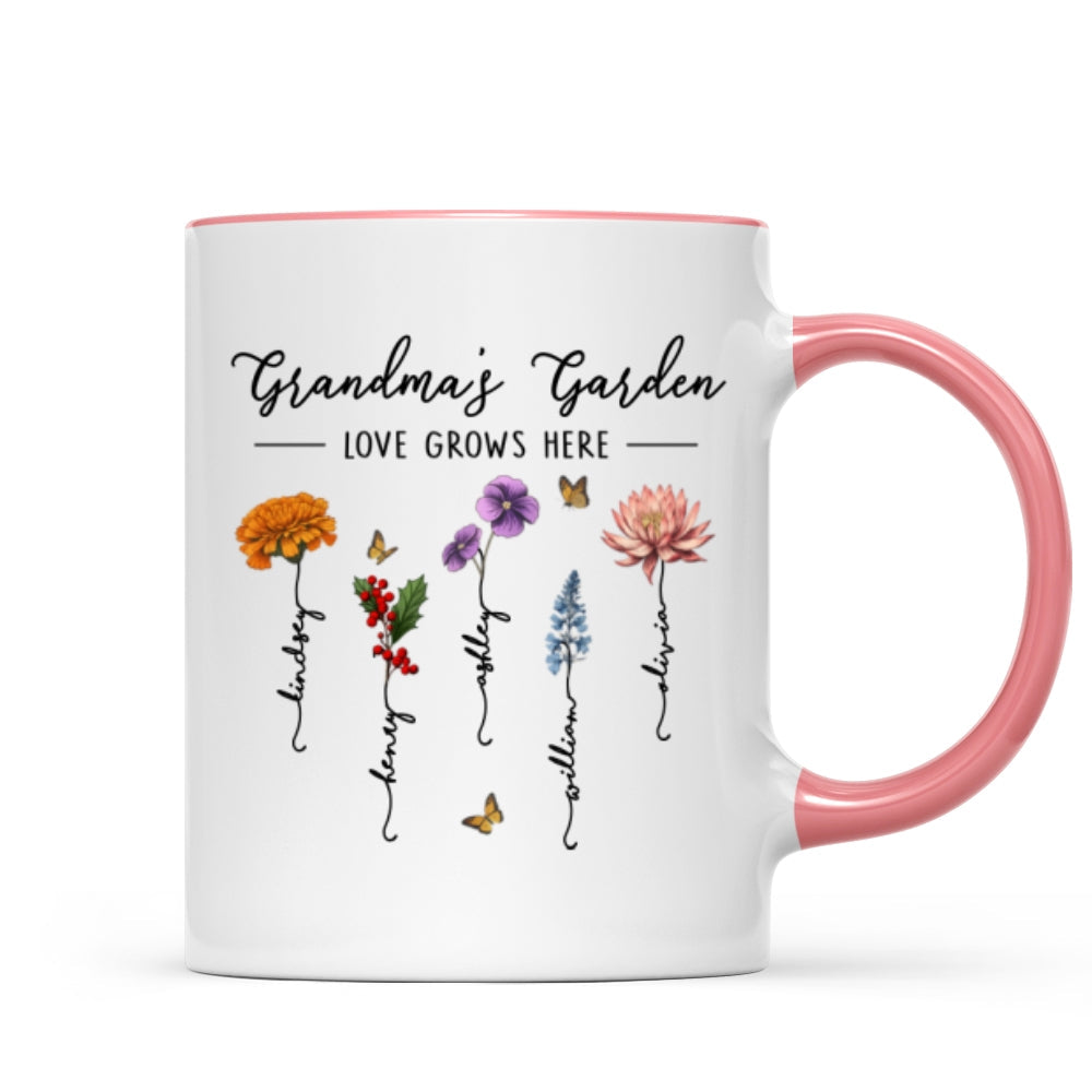 Grandma‘s Garden Love Grows Here Beautiful Birth Month Flower Gift For Grandma Mom Personalized Mug