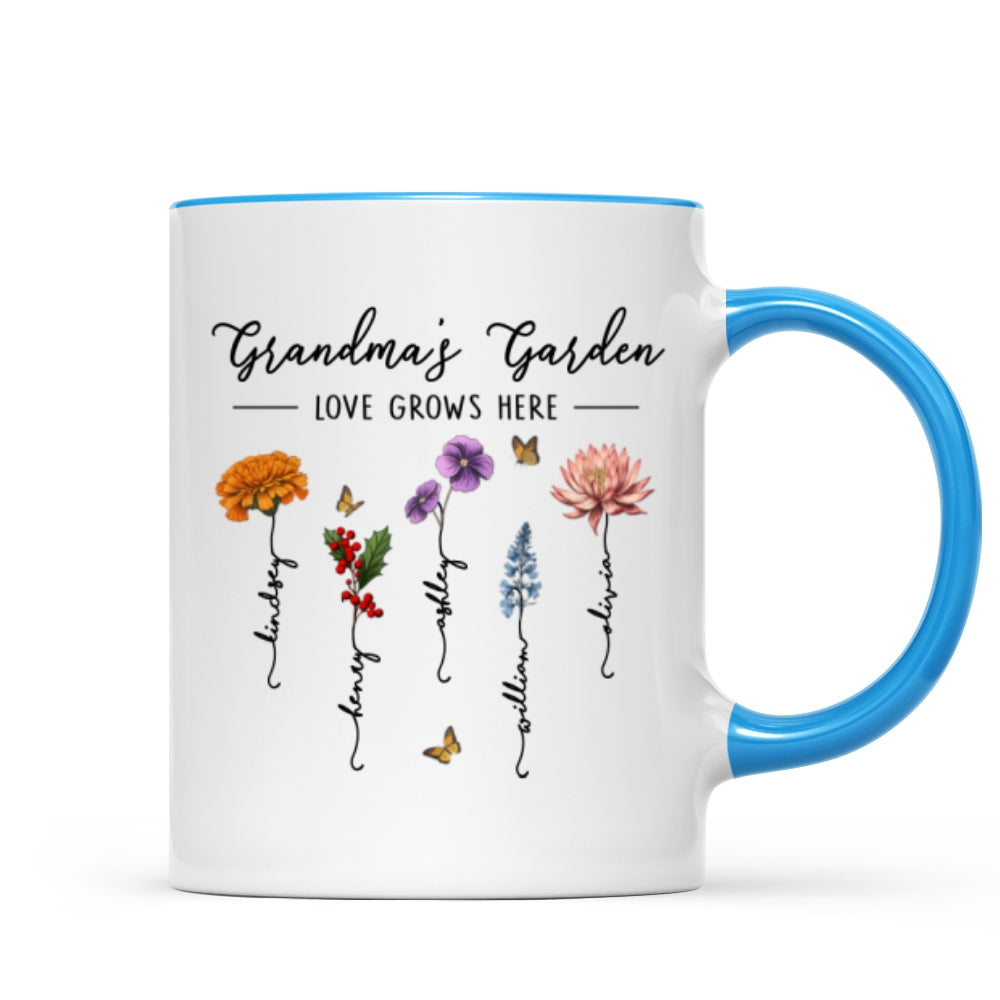 Grandma‘s Garden Love Grows Here Beautiful Birth Month Flower Gift For Grandma Mom Personalized Mug