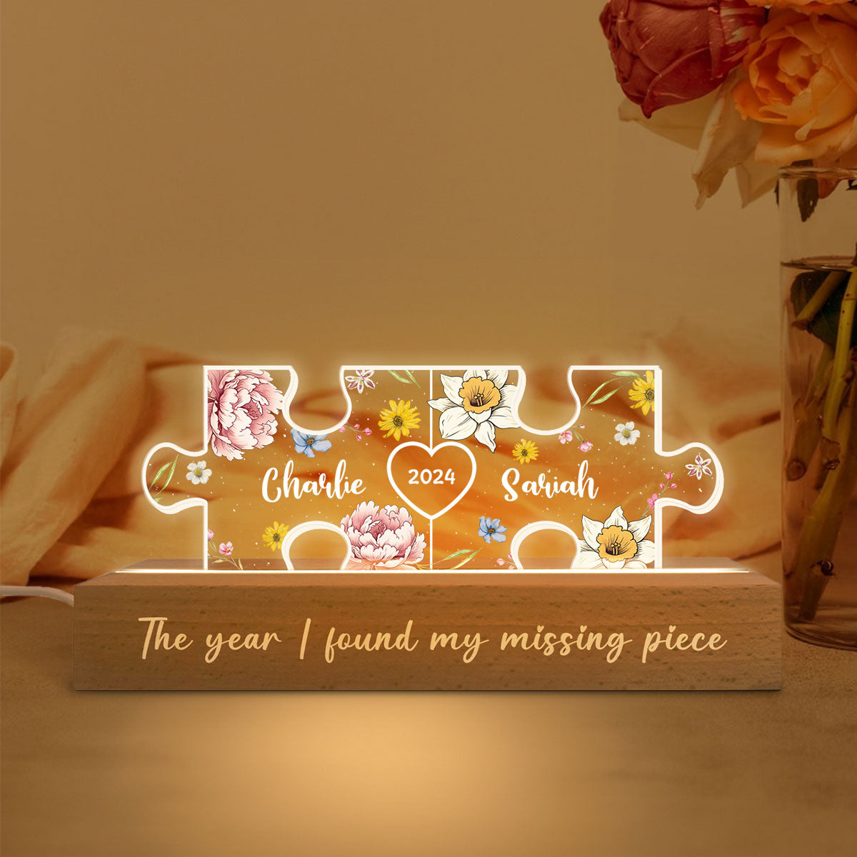 Birth Month Flower Love Is The Piece That Holds Us Together Couple Name Puzzle LED Night Light, Personalized Romantic Home Bedroom Decor For Couples,   Gifts For Her, For Him