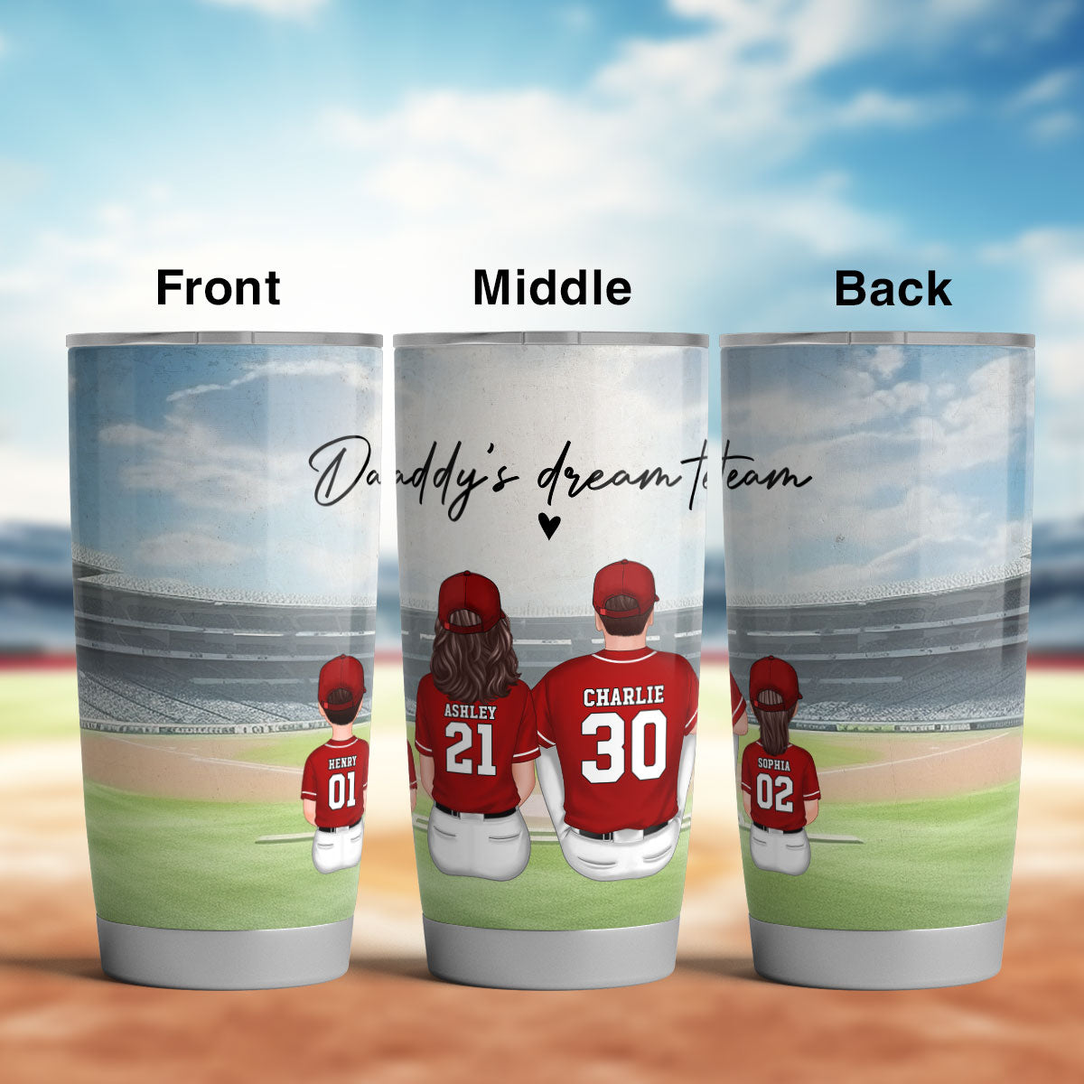 Daddy's Team Baseball Family Sitting Personalized Tumbler, Father's Day Gift For Dad, Grandpa, Husband