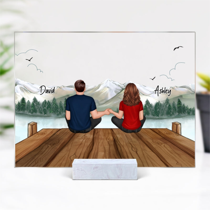 Lake Mountain View Landscape Back View Couple Sitting Gift For Him For Her Personalized Acrylic Plaque