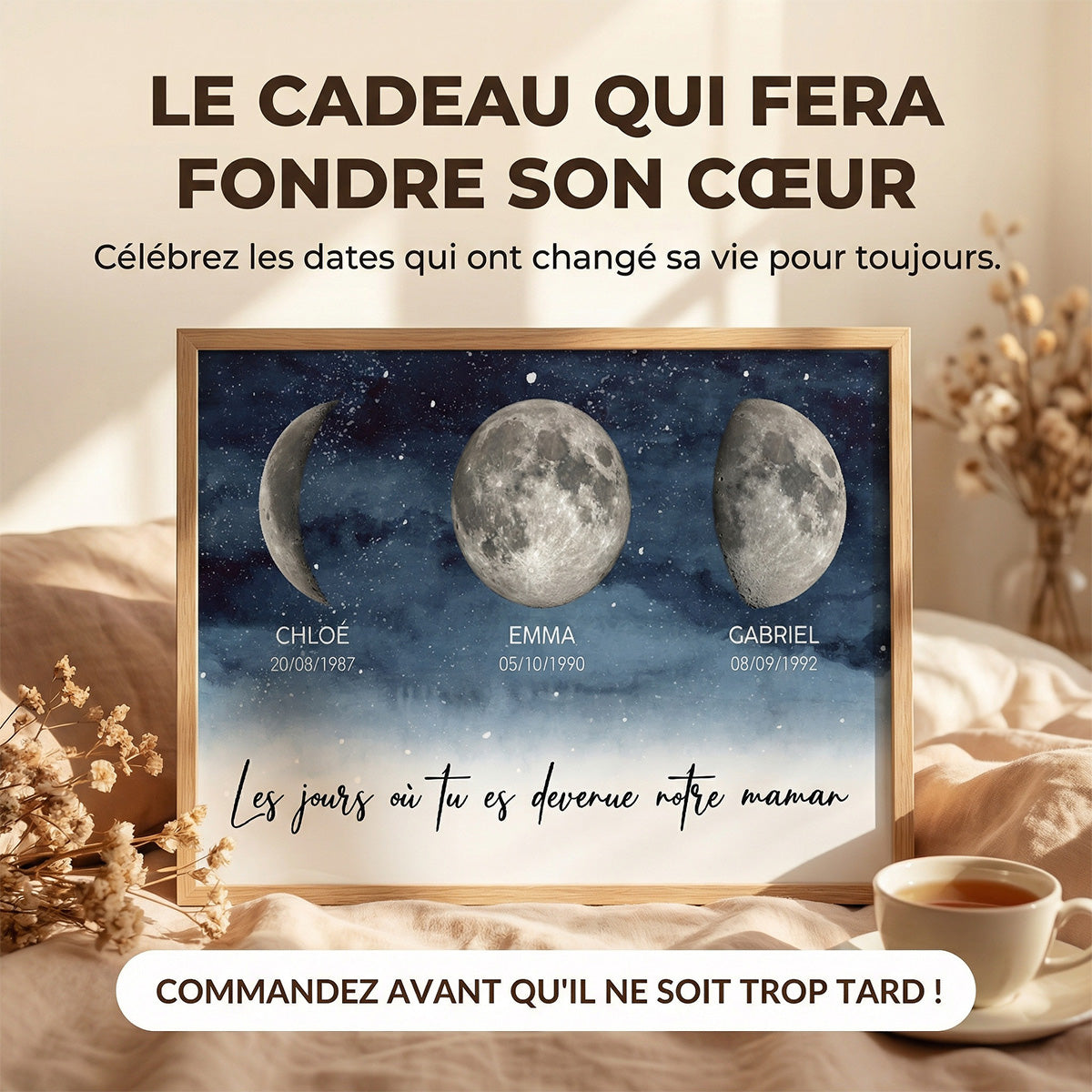 Nuit toile Le jour o tu es devenue Maman, Mamie – Affiche personnalise avec phases de lune de naissance – Cadeau de Fte des Mres pour Maman ou Mamie