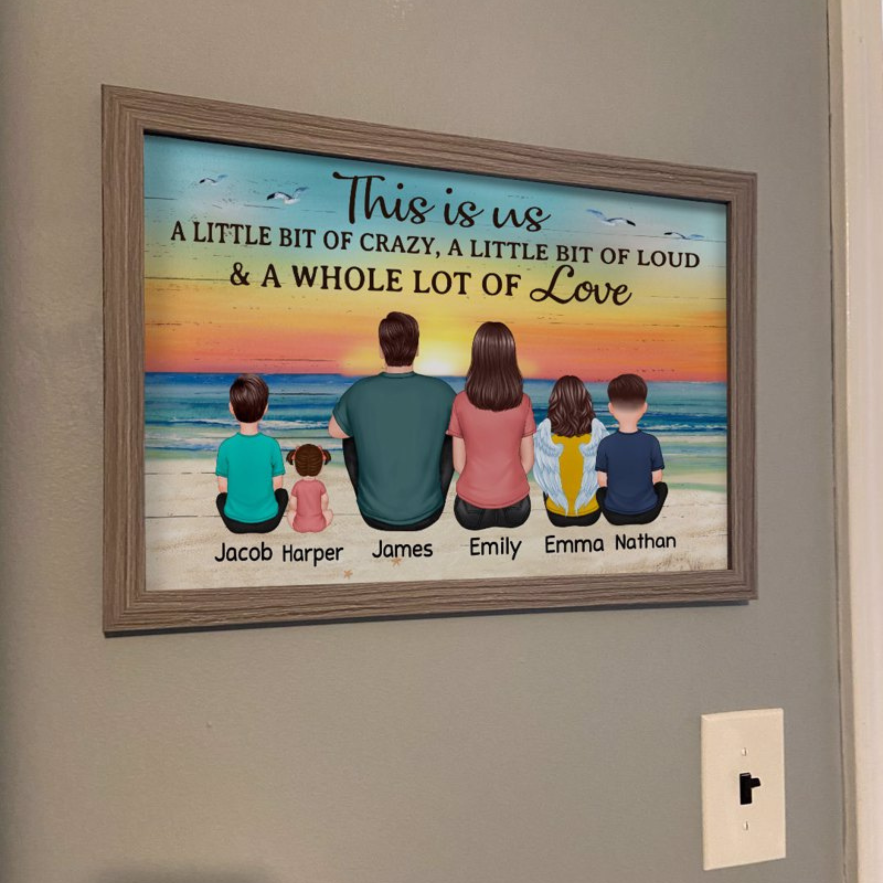 Back View Family Sitting Beach Landscape Personalized Horizontal Poster