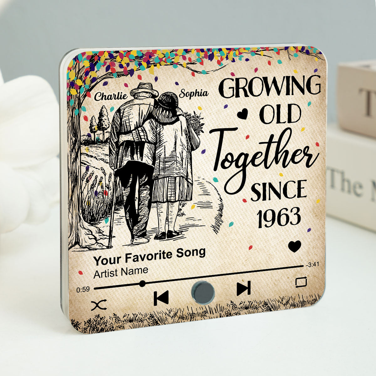 Colorful Tree Old Couple Walking Personalized Music Fridge Magnet, Heartfelt Gift For Couple, For Him, For Her, Boyfriend, Girlfriend, Husband, Wife