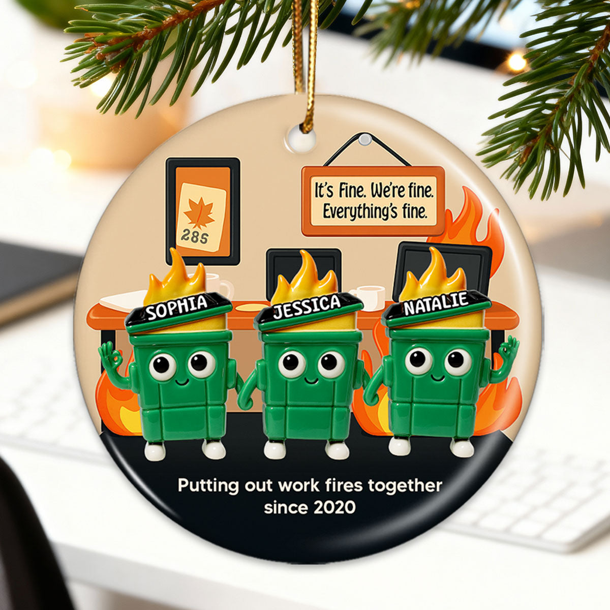 3D Effect Dumpster Fires In Office Scene - Personalized Ceramic Ornament - Funny Gift For Colleagues, Work Besties