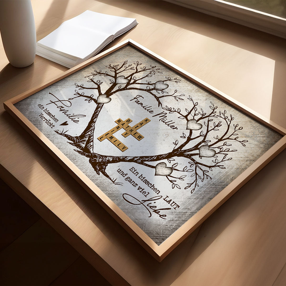 Personalisiertes Familien-Poster – Herzbaum & Kreuzwortrtsel – Fr immer verbunden – Geschenk fr Familie, Mann & Frau