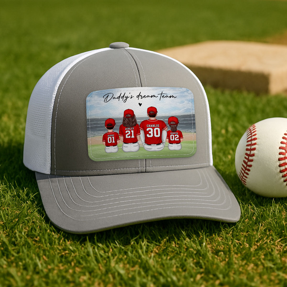 Baseball Daddy's Team Man & Kids Sitting Personalized Leather Patch Hat