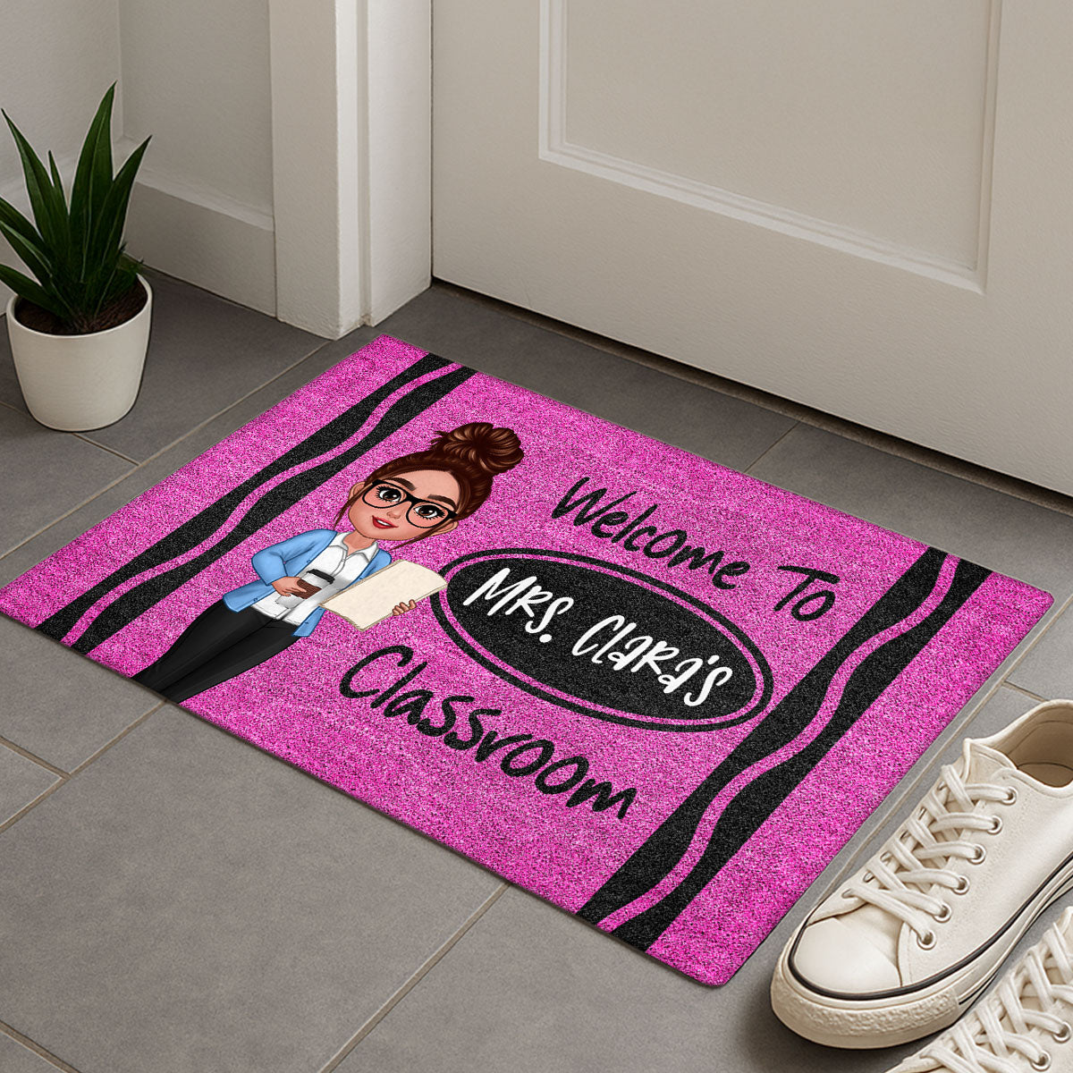 Female Male Teacher Crayon Pattern Welcome To Office Personalized Doormat| Back To School Gift, Classroom Decoration
